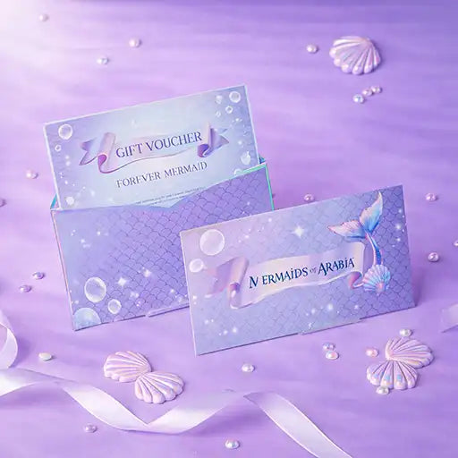 Gift voucher with mermaid design on a purple background
