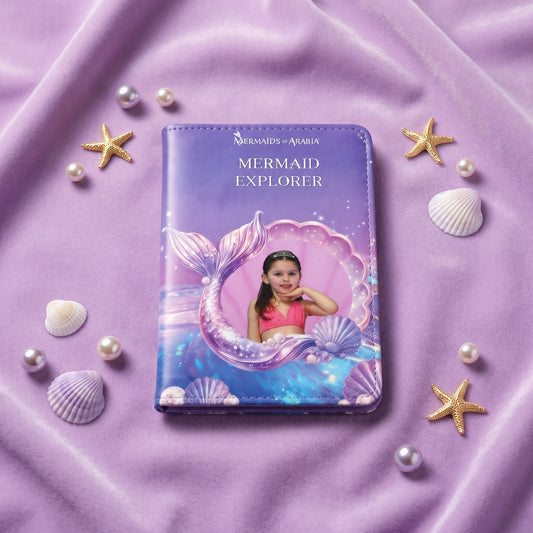 A custom 'Mermaid Explorer' passport cover styled in a flat-lay on a purple satin background with decorative seashells, pearls, and gold starfish. The cover features a purple and blue mermaid tail design with a placeholder photo of a girl in a pink swimsuit.