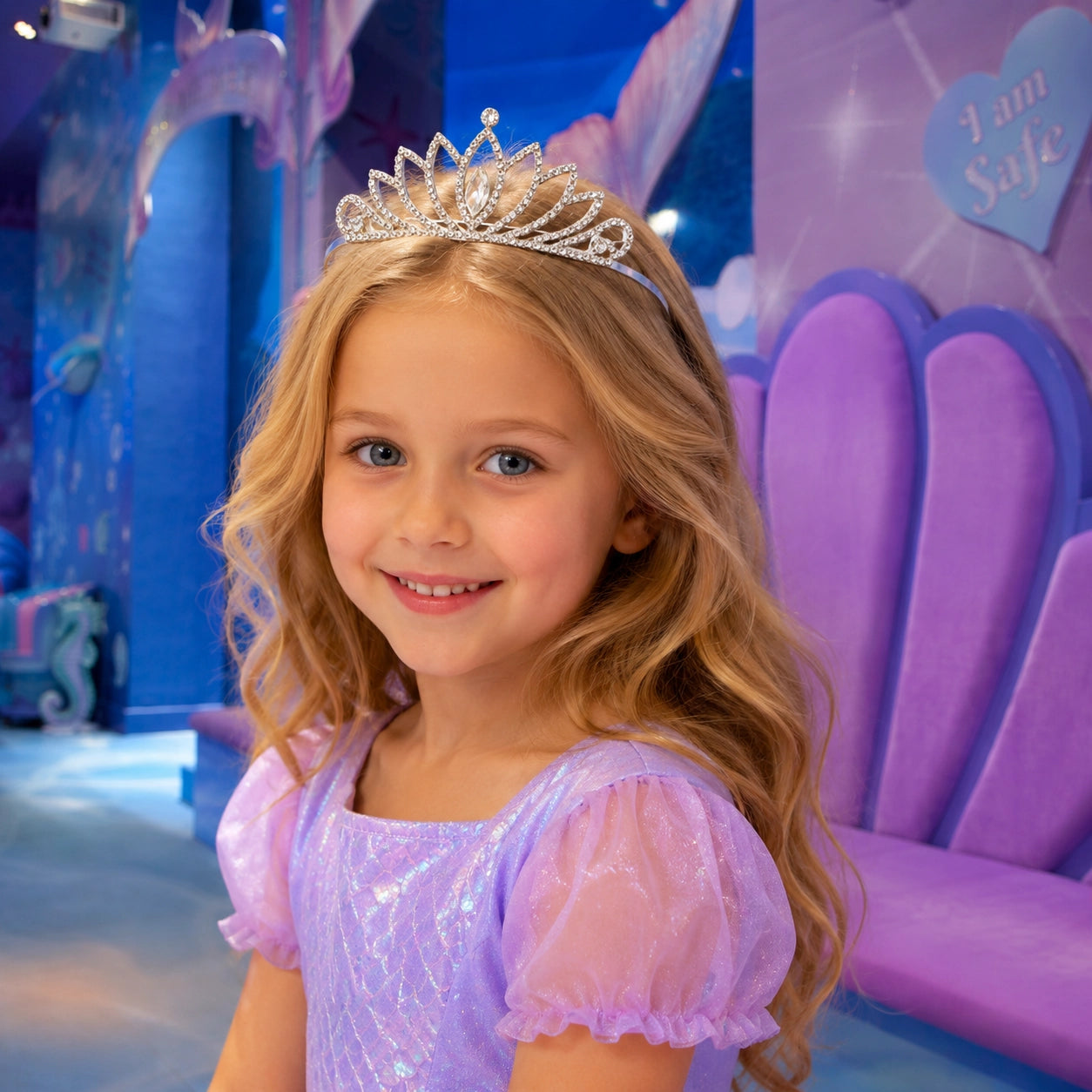 A young girl with long blonde hair wearing a sparkling silver tiara and a shimmering lavender princess dress, smiling in a colorful indoor play area with purple and blue walls.
