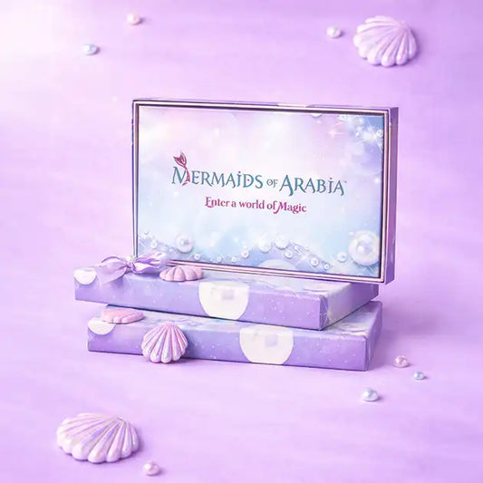Product packaging with 'Mermaids of Arabia' branding on a purple background