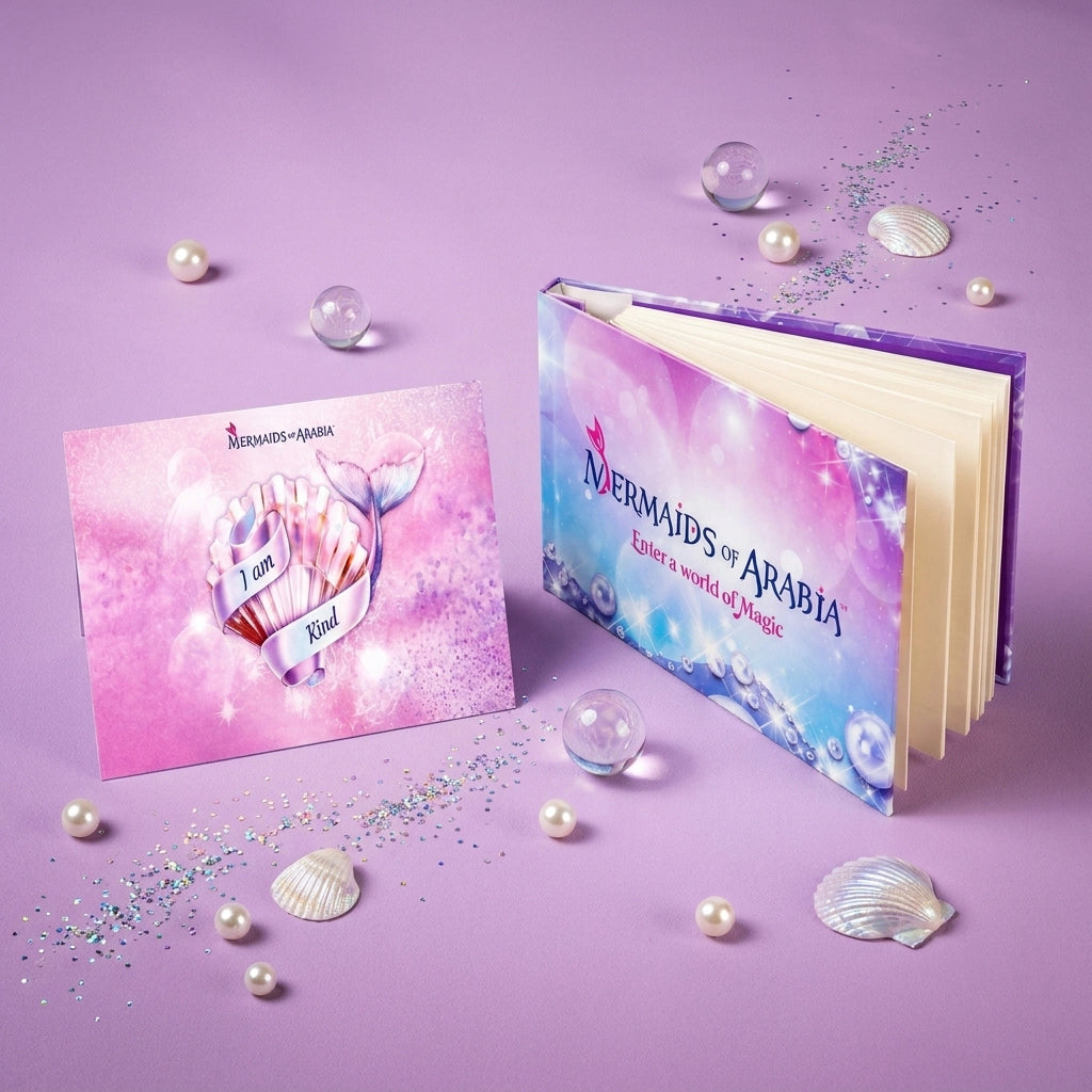 A decorative book and matching card set styled on a lavender surface with pearls, shells, and glitter. The book cover reads 'Mermaids of Arabia' and shows a pastel mermaid tail and ocean-themed artwork.