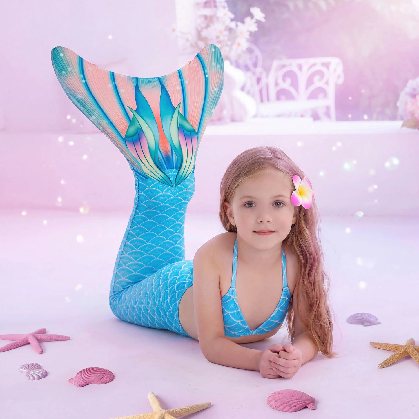 Young girl in a mermaid tail with a colorful tail and pink hair accessory, surrounded by starfish and shells on a soft pink background.