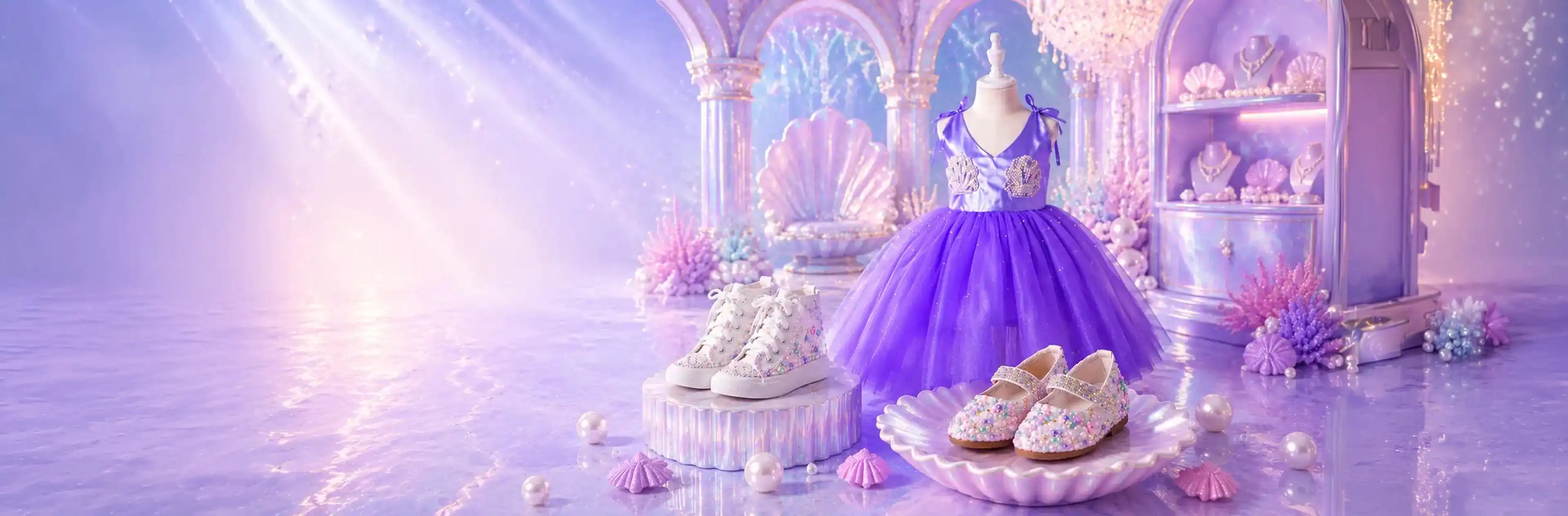 Purple ball gown on a mannequin in a magical, fairy-tale-like room with soft lighting.