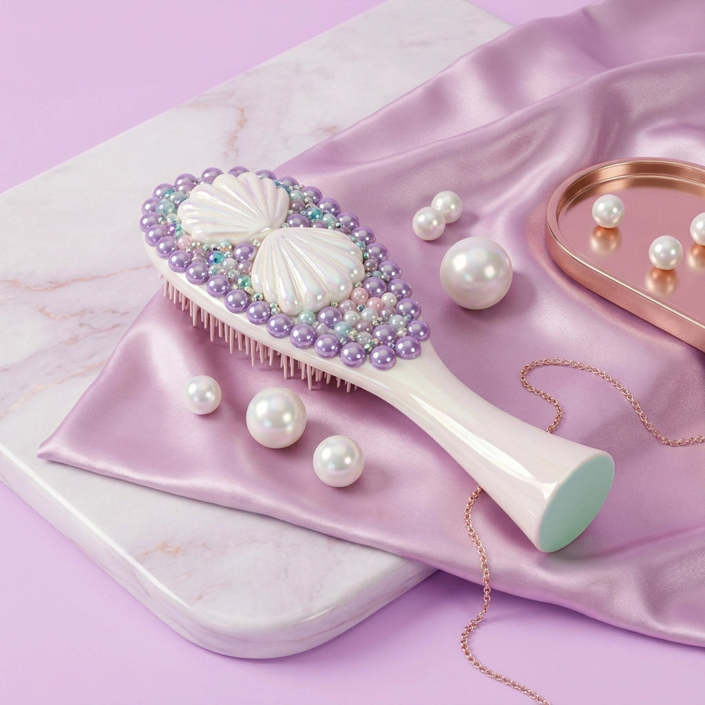 A decorative hairbrush with a white handle and shell-shaped bristles, embellished with purple pearls and pastel beads, styled on a pink satin cloth with faux pearls and a rose-gold tray on a lavender background.