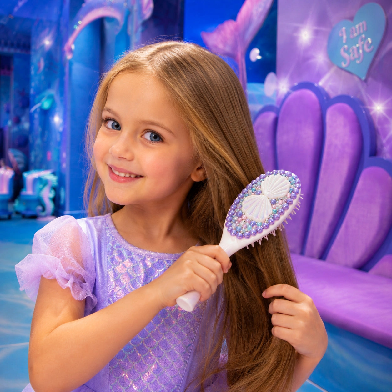 A young girl with long light brown hair smiles while brushing her hair with a white and purple decorative hairbrush in a colorful indoor play area.