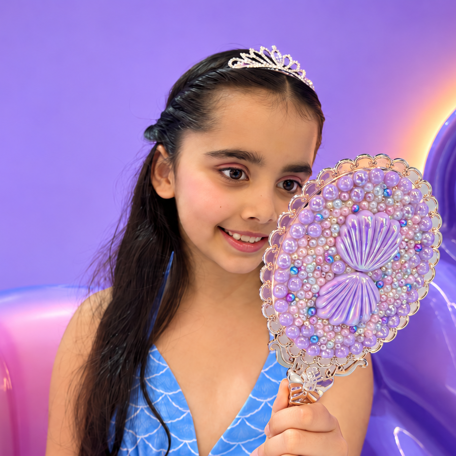 Young girl in a blue mermaid dress and tiara smiles while holding an ornate lavender handheld mirror decorated with beads, shells, rhinestones, and a scalloped frame