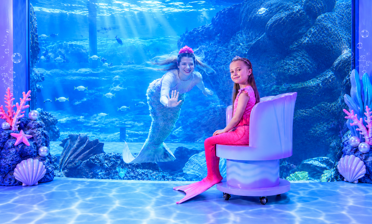 A young girl in a pink mermaid costume sits on a purple chair in front of a large aquarium window, looking at a mermaid swimming outside. The scene is decorated with coral, shells, and starfish, and has a magical, underwater-themed ambiance.