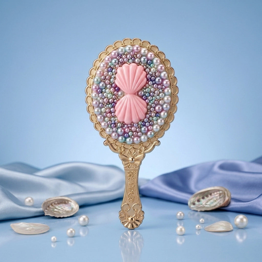 An ornate handheld mirror with a gold-toned handle and scalloped frame, decorated with multicolored faux pearls and a pink shell motif in the center. The mirror is styled on a light blue surface with draped blue satin fabric and scattered real pearls and shell fragments.