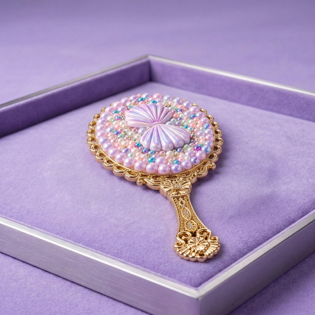 An ornate round hand mirror with a gold filigree handle and a face embellished with pink pearls, iridescent beads, and a central lavender satin bow, displayed inside a lavender velvet-lined presentation box.