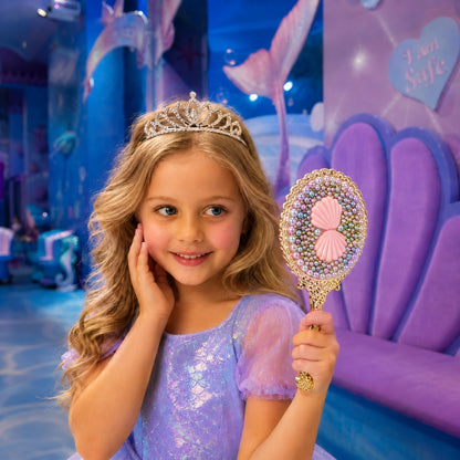 A young girl with long blonde hair wearing a silver tiara and a shimmering lavender dress, holding a decorative hand mirror with a pink shell design and jeweled border. She is posing in a colorful, playful indoor play area with blue and purple elements.