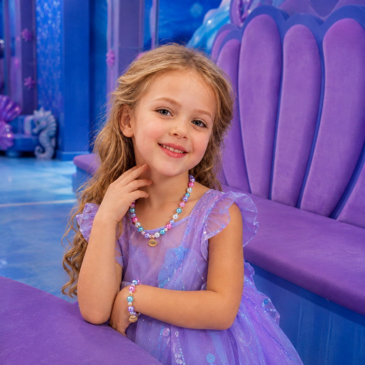A young girl with long wavy light brown hair smiles while wearing a colorful beaded necklace and matching bracelet. She is wearing a lavender tulle dress and sitting on a purple bench in a whimsical blue and purple indoor setting.