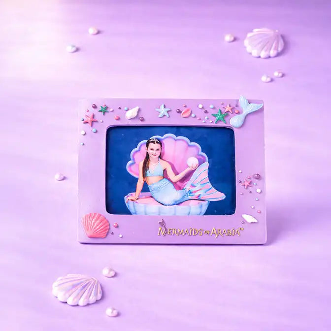 Mermaid-themed photo frame with a mermaid illustration on a purple background
