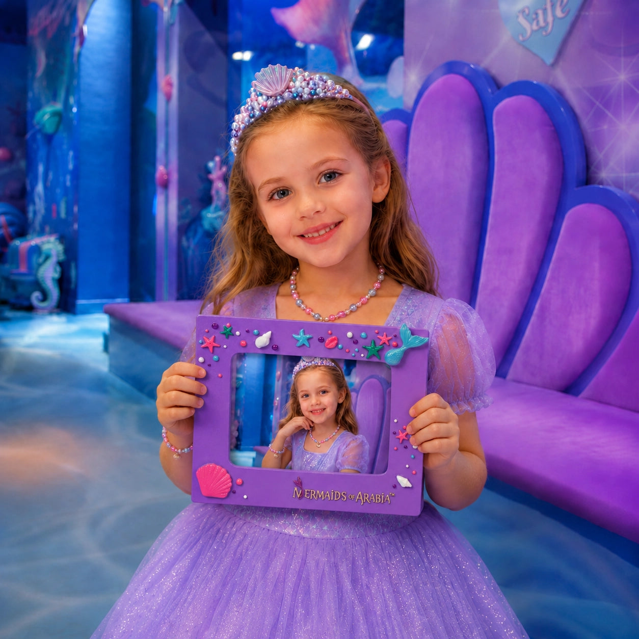 A young girl in a purple mermaid costume and tiara holds a purple decorative picture frame that shows her reflection. She is standing in a colorful underwater-themed indoor play area with purple seating and blue water-like flooring.