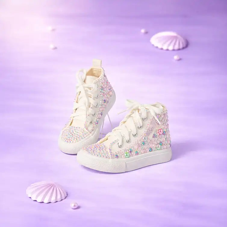 White high-top sneakers with colorful embellishments on a purple background