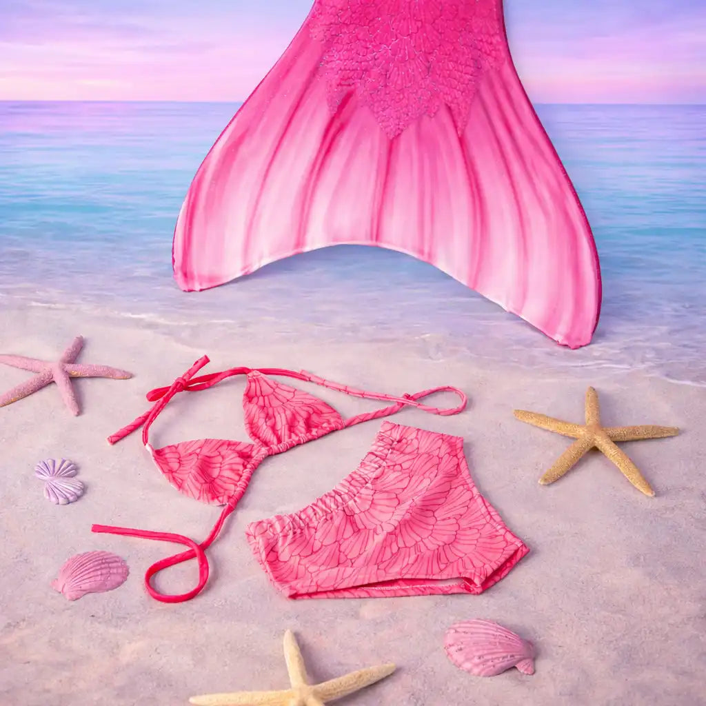 Pink mermaid tail and bikini set on a sandy beach with starfish and shells.