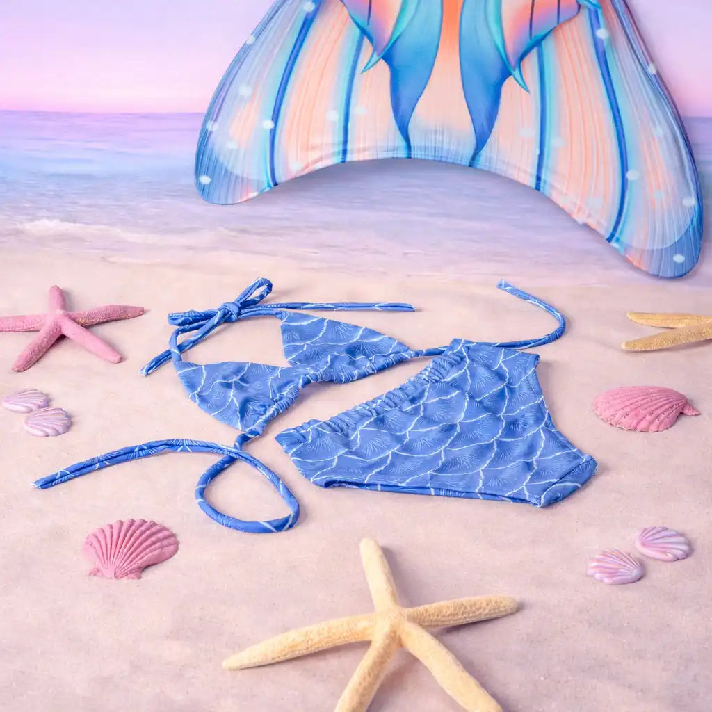 Blue mermaid-patterned bikini set on a sandy beach with starfish and shells.