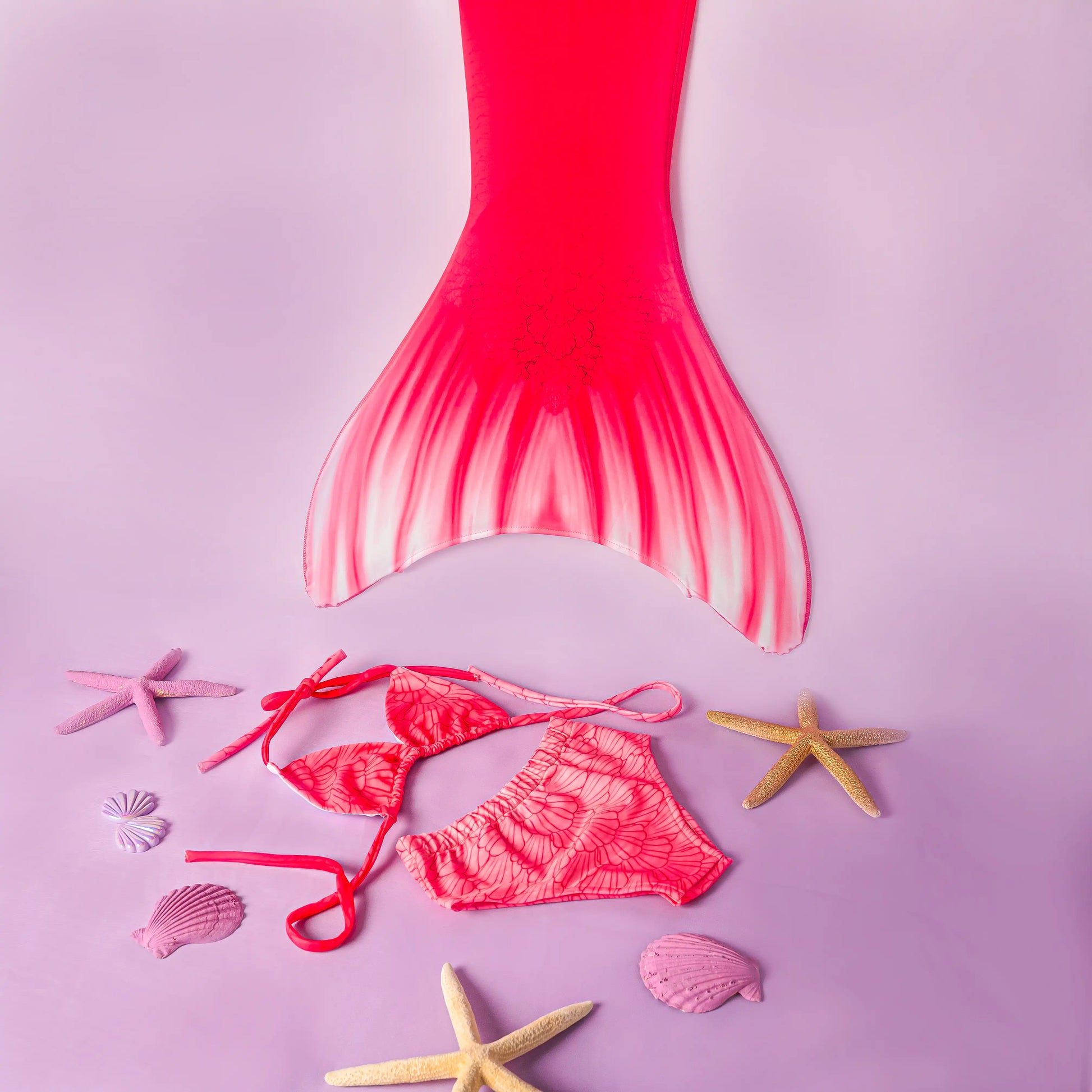 Pink mermaid tail and bikini set with starfish and shells on a pink background