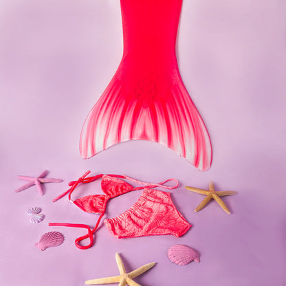 Pink mermaid tail and bikini set with starfish and shells on a pink background