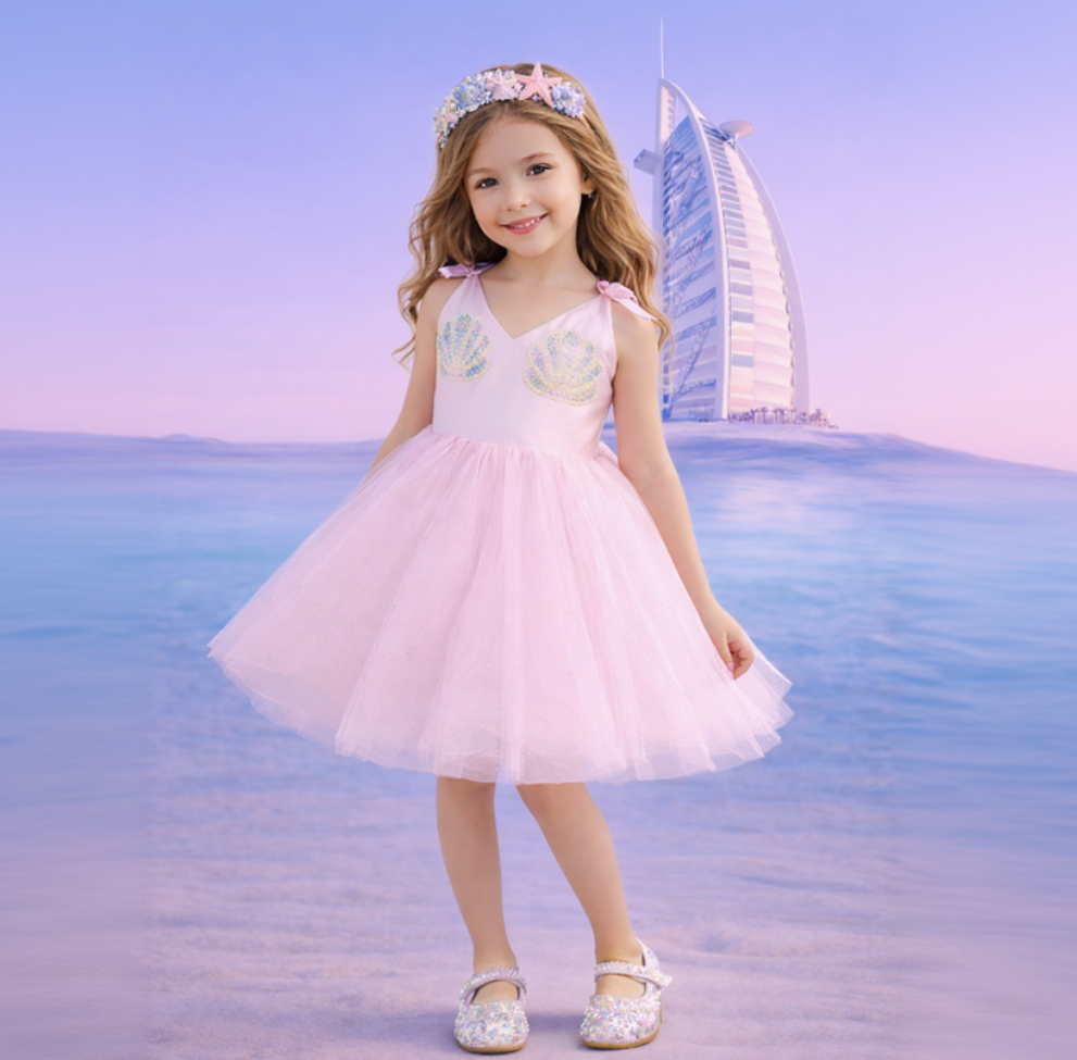 Sparkle in style with this glittery pink dress featuring a sequin bodice, puff sleeves, and a flowing ombré tulle skirt.