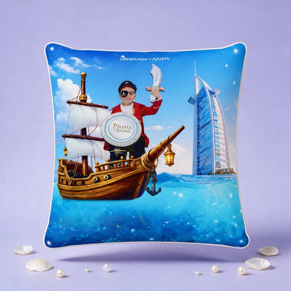 A square decorative throw pillow featuring a colorful pirate-themed illustration with a ship, a person in a red coat holding a sword, and the Burj Al Arab hotel on a blue ocean background. The pillow is photographed against a lavender studio backdrop with small seashell props around it.