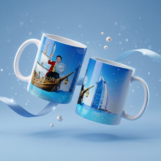 Two white ceramic mugs with custom printed blue and multicolor graphics, floating against a light blue background with decorative ribbons and bubbles.