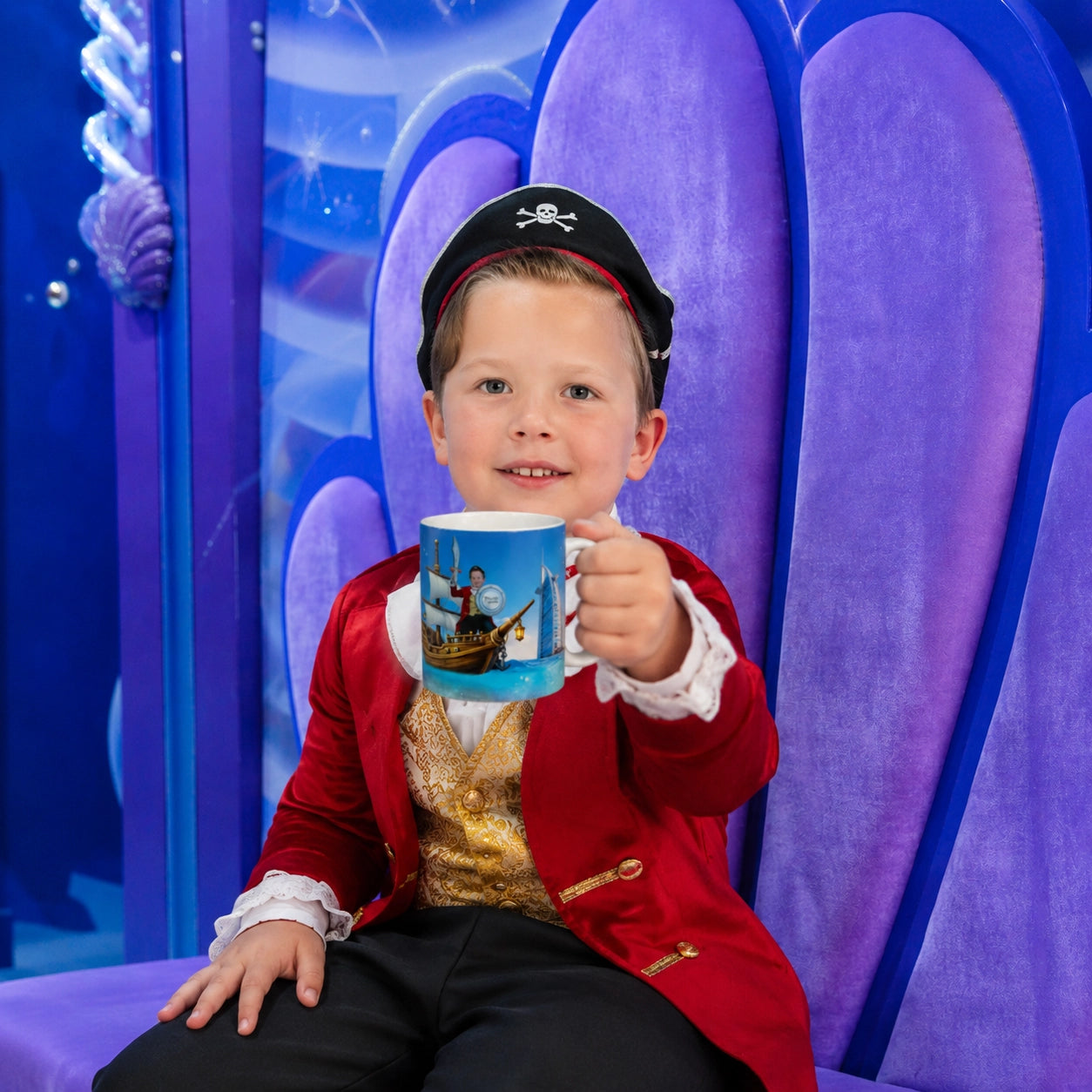 A young boy dressed as a pirate sits on a purple throne-like chair, holding up a blue printed mug with a pirate ship illustration. The background is a bright blue and purple themed set.
