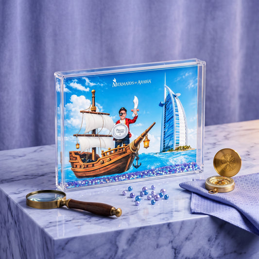 A clear acrylic display plaque featuring a colorful illustration of a pirate ship, a sailor, and the Burj Al Arab hotel, with a silver coin inset. The plaque is styled on a white marble surface with a magnifying glass, loose pearls, and a gold pocket watch against a purple draped background.
