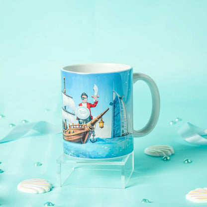 Mug with a design of a character on a boat against a blue background