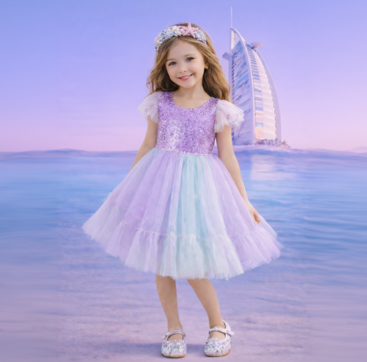 Sparkle in style with this glittery purple dress featuring a sequin bodice, puff sleeves, and a flowing ombré tulle skirt.