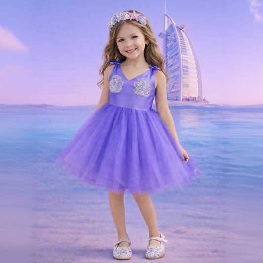 A dreamy dress with satin shell details and a glittery tulle skirt - ideal for mermaid parties and magical moments.