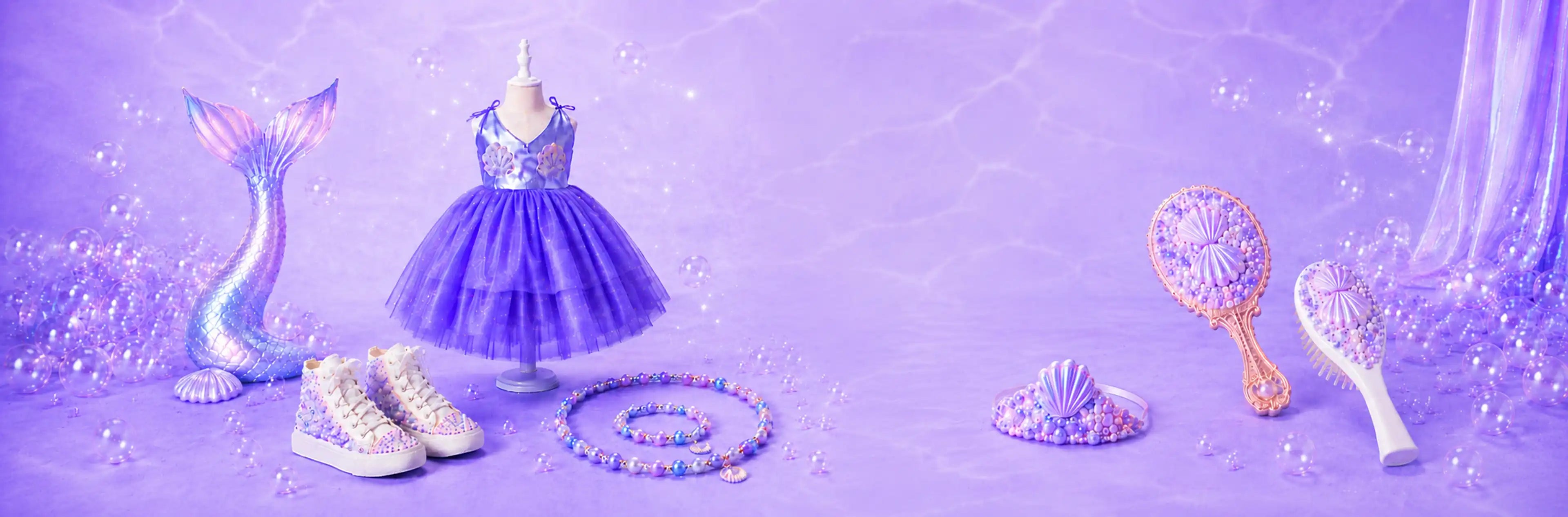 Pastel purple mermaid-themed shop banner featuring a shimmering mermaid tail, a lavender princess dress on a mannequin, glitter sneakers, pearl jewelry, a seashell tiara, and an ornate mirror and brush on a dreamy underwater-inspired background with bubbles and sparkling accents.
