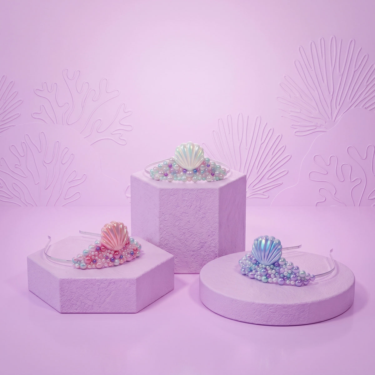 Three clear plastic headbands decorated with iridescent shell and bead designs, displayed on pastel lavender pedestals against a matching lavender background with embossed coral patterns.