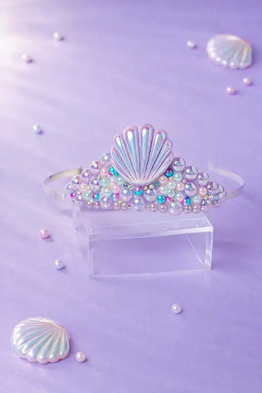Mermaid shell tiara with pearls on a purple background