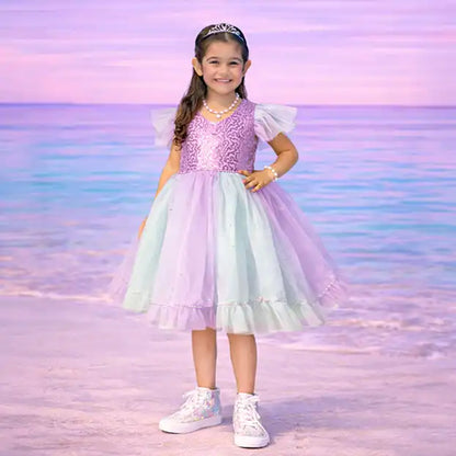 Young girl in a pastel dress with a tiara against a gradient background