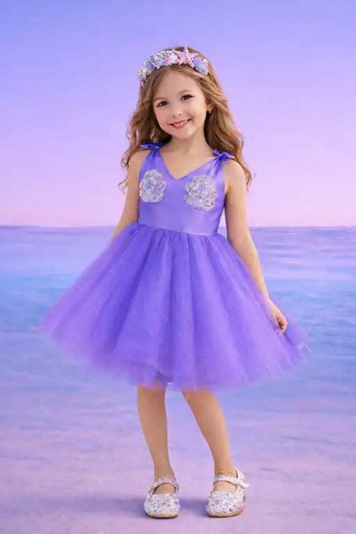 Young girl in a purple dress with floral embellishments standing on a beach.