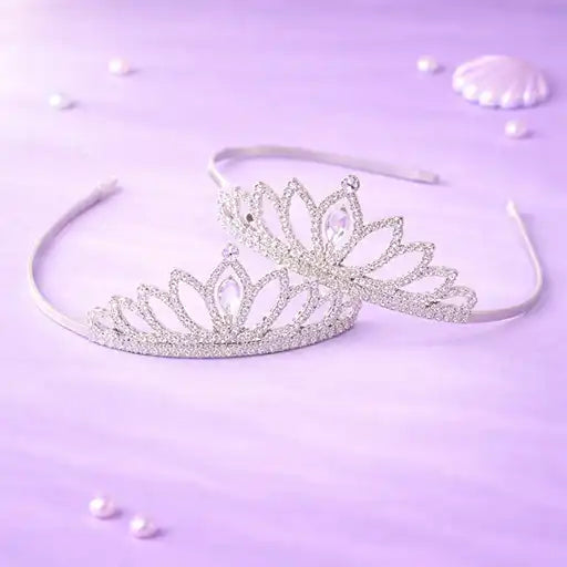 Silver tiara on a light purple background with scattered pearls