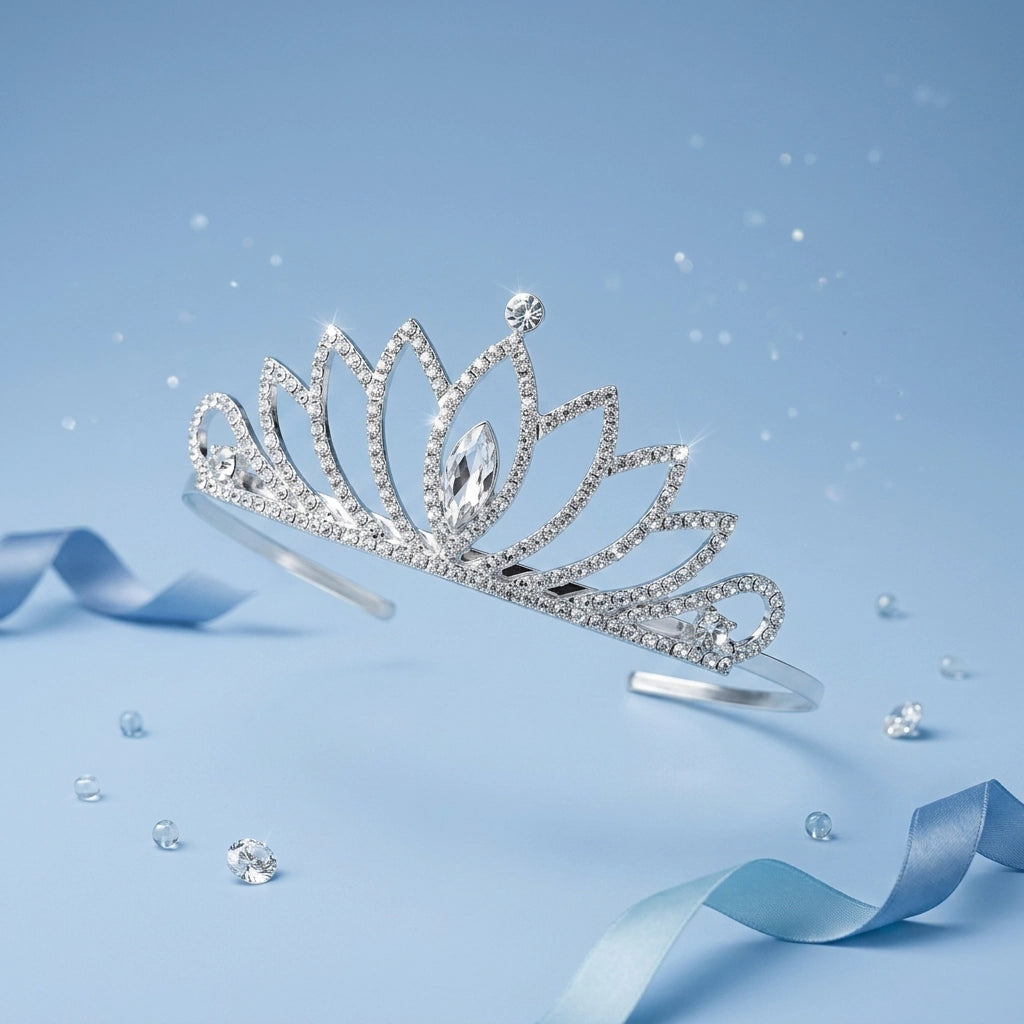 A silver tiara headband adorned with clear rhinestones and a central teardrop crystal, displayed on a light blue background with scattered decorative crystals and ribbons.